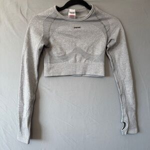 Gymshark Womens Flex Sport Long Sleeve Crop Top Size S Grey Spellout Yoga Gym